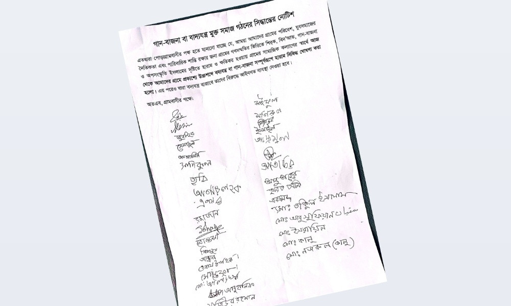 গ্রামে গান-বাজনা, বাদ্যযন্ত্র ‘নিষিদ্ধ’ করে মসজিদ কমিটির নোটিশ
