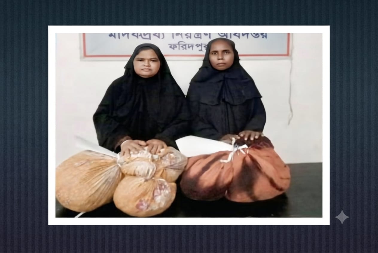 ফরিদপুরে দুই নারীর বোরকার নীচে কৌশলে লুকিয়ে রাখা ৮কেজি গাজা উদ্ধার