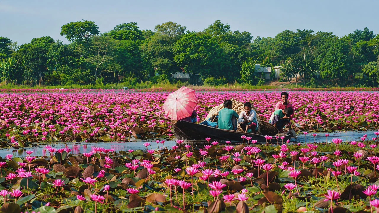 মুগ্ধতা ছড়াচ্ছে বরিশালের লাল শাপলার বিল
